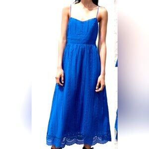 Zara eyelet cotton fit-n-flare spaghetti strap maxi dress in true blue.  Size L